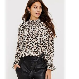 Loft Leopard Print Long Sleeve Bell Cuff Sleeve Blouse Top